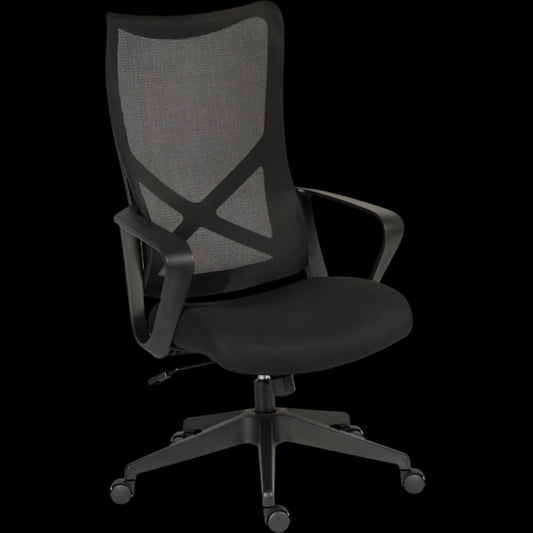 Black office chair with mesh back on a black background