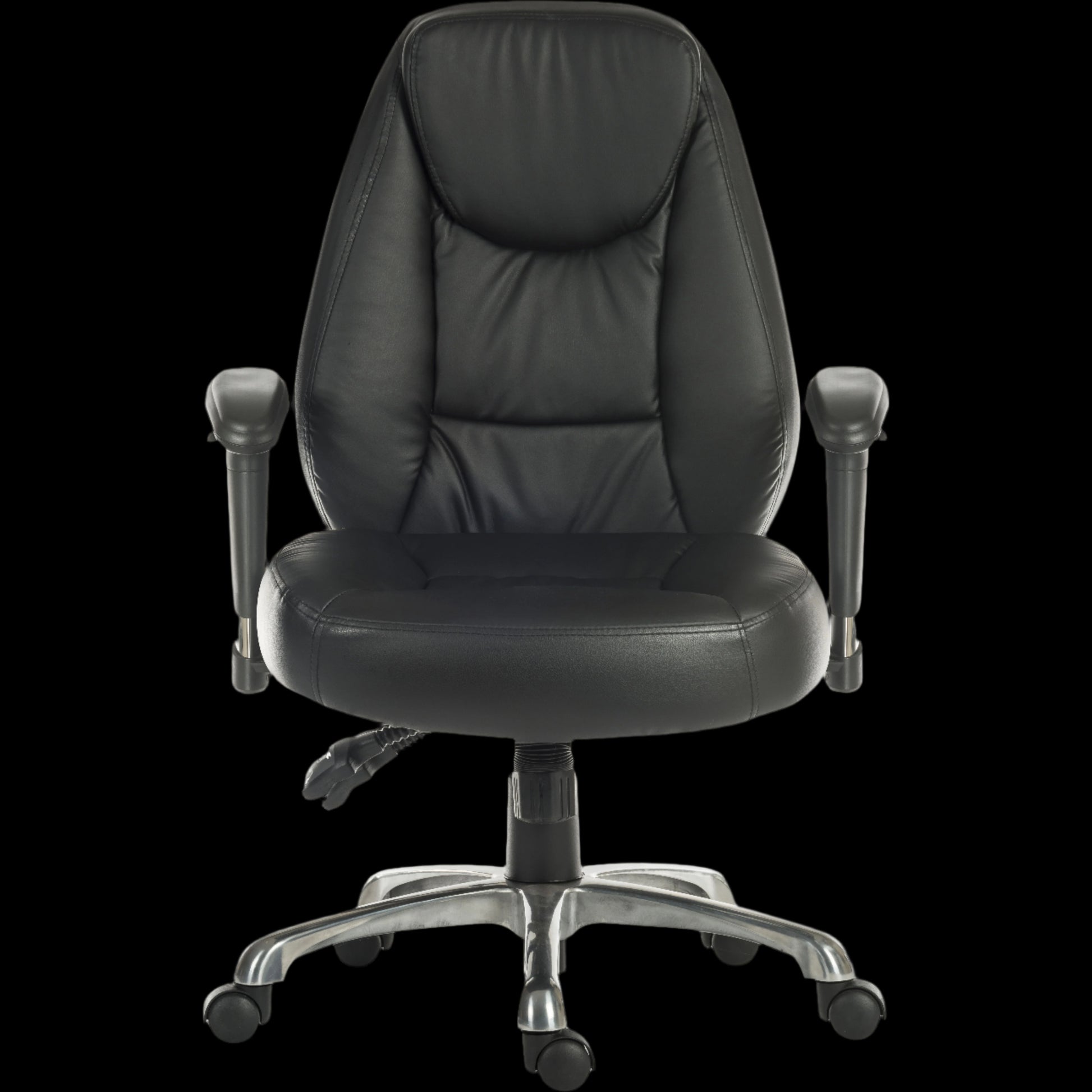 Black office chair with adjustable armrests on a black background
